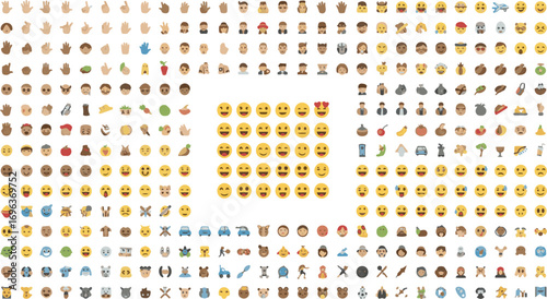 Create a All type of emojis in one big set. Hands, gesture, people, animals, food, transport, activity, sport emoticons. Smiley big collection. vector art with white background.