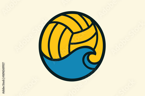 Water polo ball logo design with wave and yellow ball.