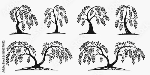 Collection of Stylized Weeping Willow Tree Silhouettes