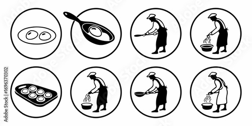 Cooking Process Icons: From Raw Eggs to Finished Meal