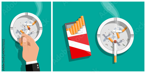 Man placing cigarette butt into full ashtray. Addiction, smoking habit and unhealthy lifestyle concept. Flat style vector.