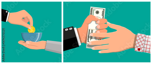 Man gives gold coin into beggar's bowl and another man hands stack of dollar bills. Charity, donation, payment concept.
