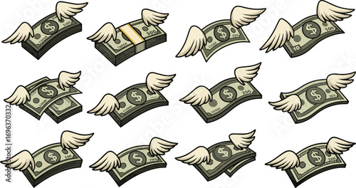 Create a kinds of deferent Dollar with wings. Flying money emoji. Dollar stack. Flying money with wings vector emoji. vector art with white background.
