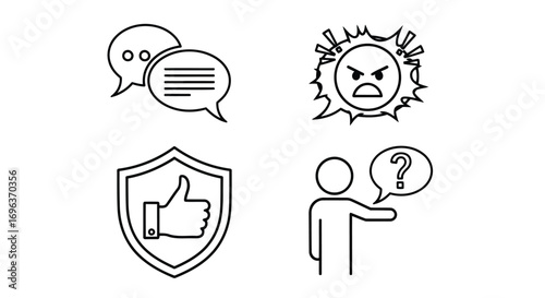 Vector illustration of set of four icons representing communication, anger, approval, and questioning