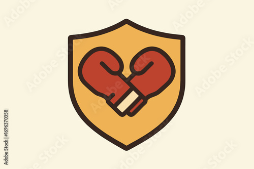 Boxing gloves emblem on shield representing protection and strength.