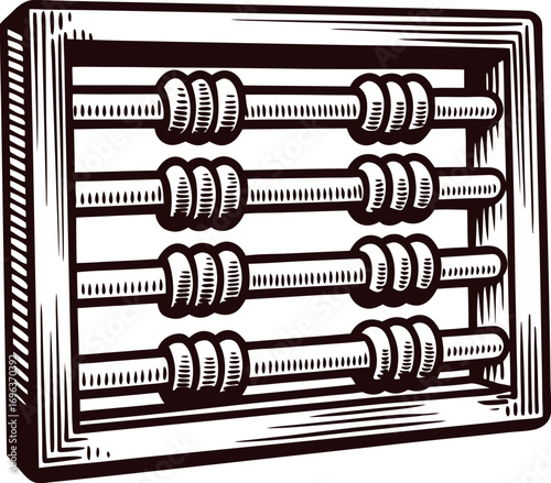 Hand drawn vintage abacus with wooden frame and beads, retro engraved sketch isolated on white background