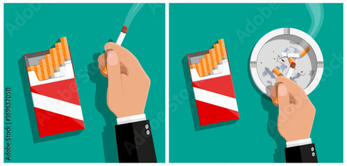 Man smoking a cigarette and putting out a stub in an ashtray. Addiction, bad habit, and health risk concept.