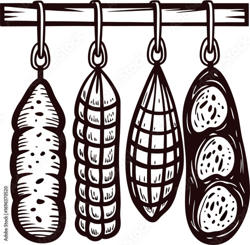 Hand drawn illustration of hanging cured sausages and salami on hooks in vintage