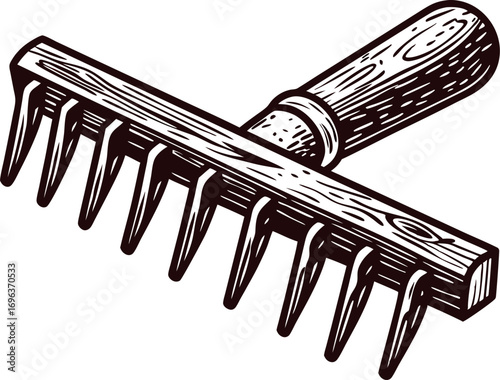 Vintage engraved illustration of a wooden garden rake with detailed handle and teeth isolated on white background