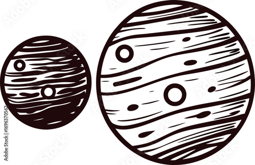 Engraved sketch of two abstract planets with swirling surface patterns and circular craters, isolated on white background