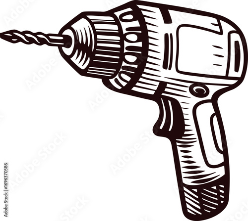 Hand drawn illustration of electric drill with drill bit vintage power tool sketch for carpentry and construction