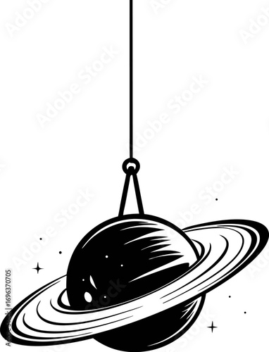 Black and white stylized illustration of saturn hanging by a string with cosmic stars on a clean white background