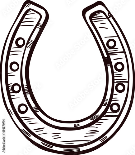 Hand drawn horseshoe illustration isolated on white background, vintage engraved luck symbol outline sketch