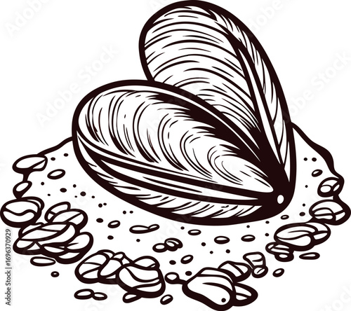 Hand drawn open clam shell with sand and pebbles vintage engraved seafood mussel illustration