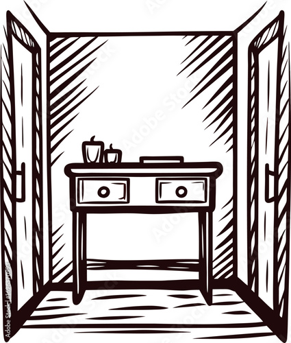 Hand drawn sketch of vintage entryway with wooden console table and two open doors