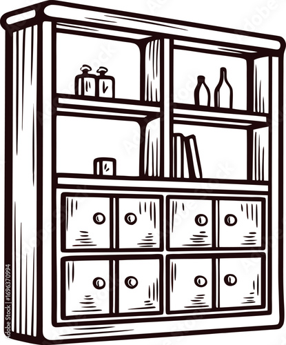 Hand drawn vintage wooden cabinet with shelves and drawers isolated on white background illustration