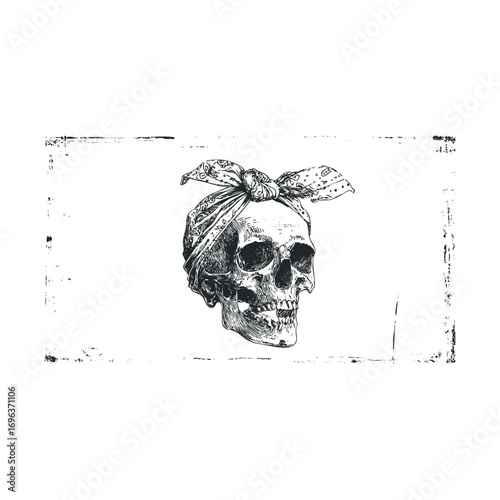Skull with bandana design for vintage inspired artwork. Vector hand drawn illustration
