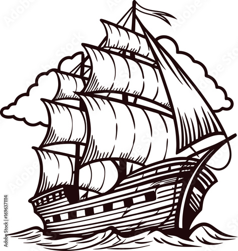Classic sailing ship with tall masts and billowing sails in engraved vintage illustration