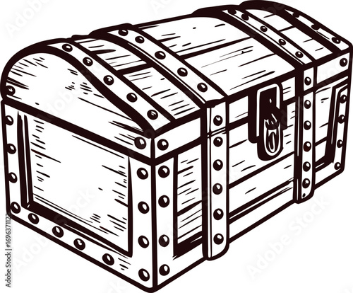 Hand drawn wooden treasure chest with metal bands and latch vintage engraved illustration isolated