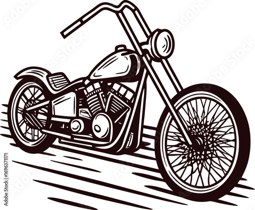 Classic chopper motorcycle with elongated front fork and vintage engine design in bold black line art illustration