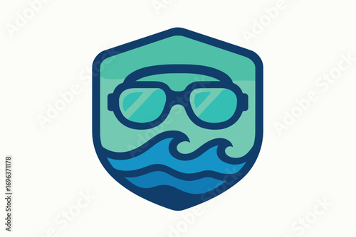 Swimming Goggles and Waves Shield Logo Design.