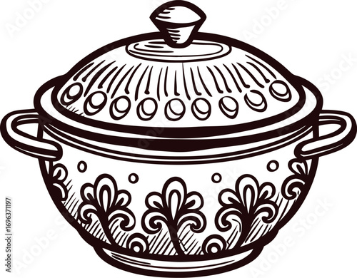 Hand drawn ornate lidded soup tureen with handles and decorative floral pattern illustration
