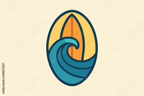 Surfboard and Ocean Wave Emblem.