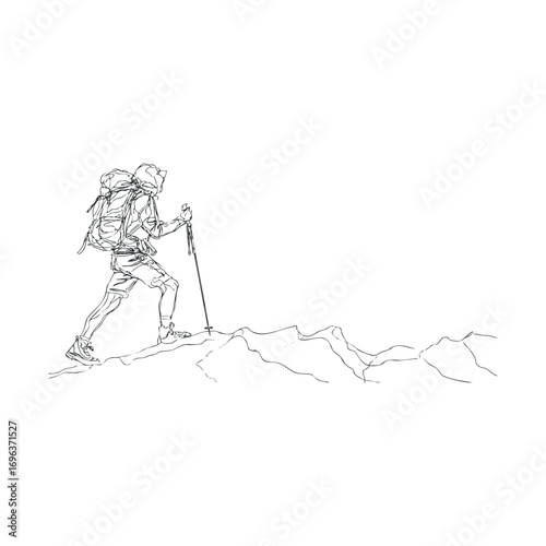 Hiking adventure in the mountains with a backpack and trekking pole. Vector hand drawn illustration
