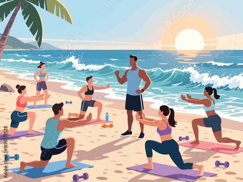 Beach Fitness Class with Exercises, Trainer, and Ocean Views - Flat 2D Vector Illustration