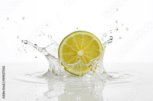 Half-cut fresh lime with water droplets against a white backdrop