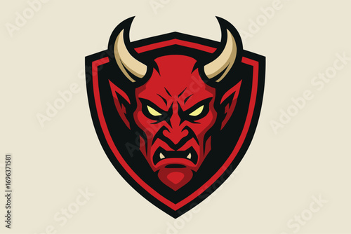 Red Devil Head on Shield Logo Design.