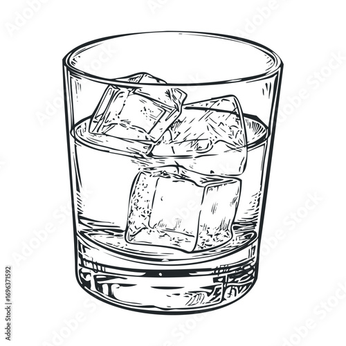 Classic whiskey glass filled with ice cubes on a rustic table. Vector hand drawn illustration