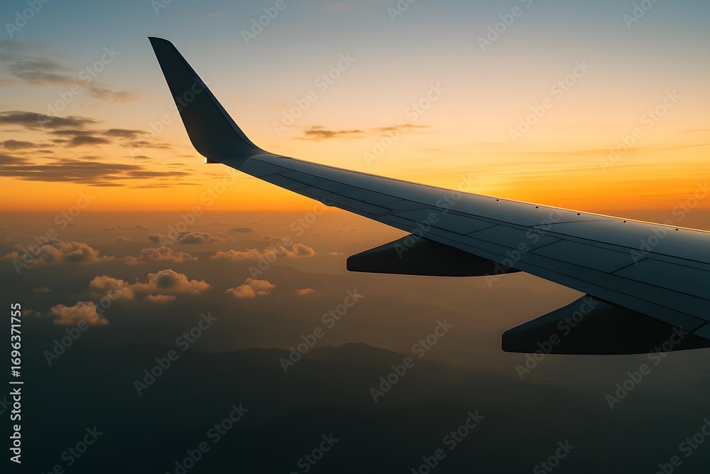 Obraz premium Golden Sunrise Above Clouds Seen from Airplane Window Wing View