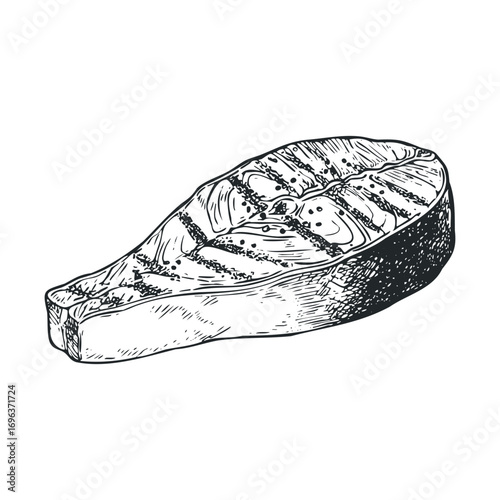 Grilled salmon steak preparation for a summer barbecue gathering. Vector hand drawn illustration