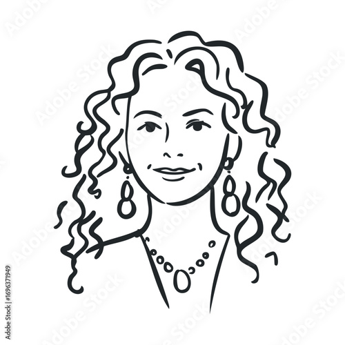 Elegant woman with curly hair and jewelry for fashion design projects. Vector line illustration