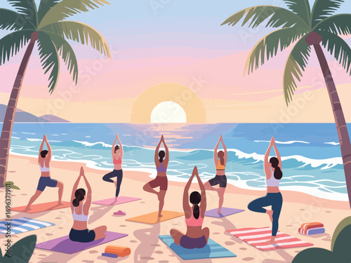 Beach Yoga Session at Sunrise with Ocean Views and Palm Trees - Flat 2D Vector Illustration