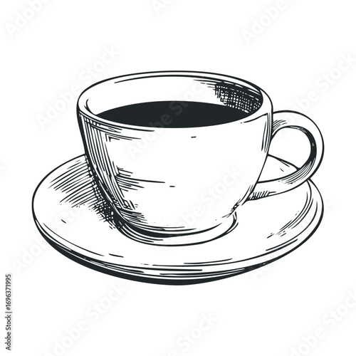 Coffee cup and saucer for cozy moments in daily routine. Vector hand drawn illustration