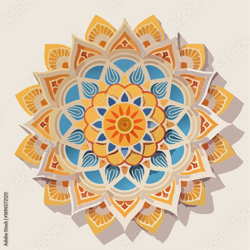Intricate layered paper-cut style mandala design with vibrant yellow, orange, and blue patterns, featuring a central sun motif and decorative spiritual art.