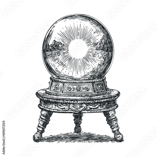 Antique crystal ball on ornate stand for divination and mysticism. Vector hand drawn illustration