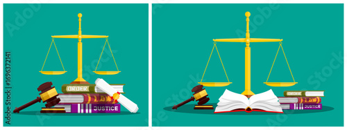 Two balanced scales of justice with stack of law books, judge gavel, diploma and open book. Legal fairness comparison concept.
