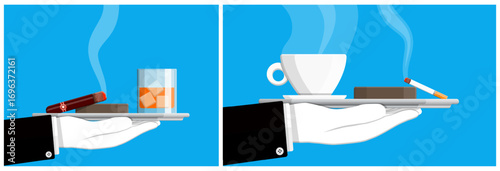 Waiter hand holding tray with cigar, whiskey glass. Man serving smoking cigarette, hot coffee cup with saucer. Flat illustration luxury goods concept.