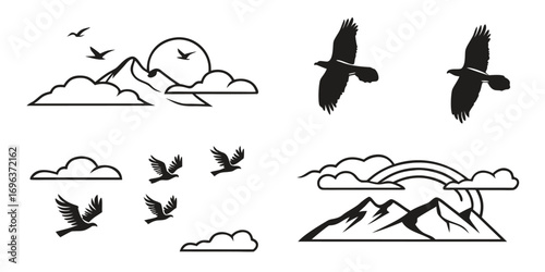 Majestic Birds Soaring Over Mountains and Rainbows