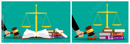 Hand holding gavel striking on sound block near judge balance. Law and justice concept with book stack. Legal system illustration for court.