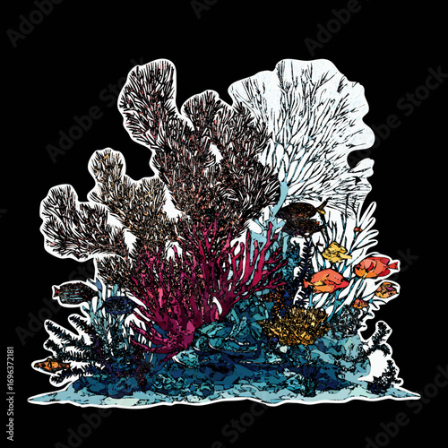 Colorful coral reef ecosystem with diverse marine life displayed in a vibrant illustration