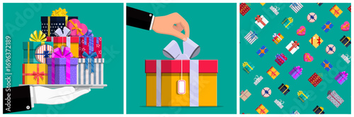 Hand of man in glove holding tray with full pile of gift boxes, another man hand opening present, and pattern. Celebration holiday concept for surprise.