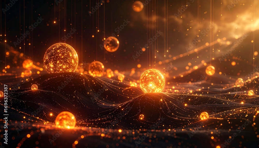 Fototapeta premium Glowing golden orbs floating above reflective surface with warm bokeh lights