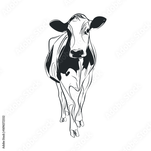 This artwork features a black and white cow walking towards the viewer. Vector hand drawn illustration