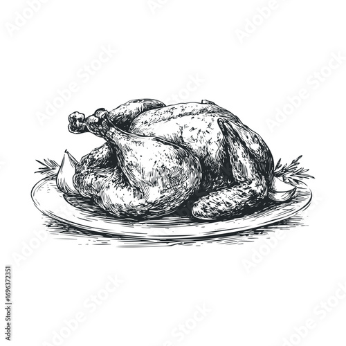 Delicious roasted chicken on a platter for festive occasions. Vector hand drawn illustration