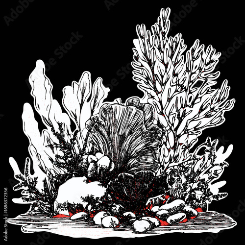 Oceanic underwater scene featuring coral, seaweed, and marine life in detailed black and white illustration