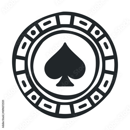 Classic spade symbol on a decorative casino chip design. Vector line illustration